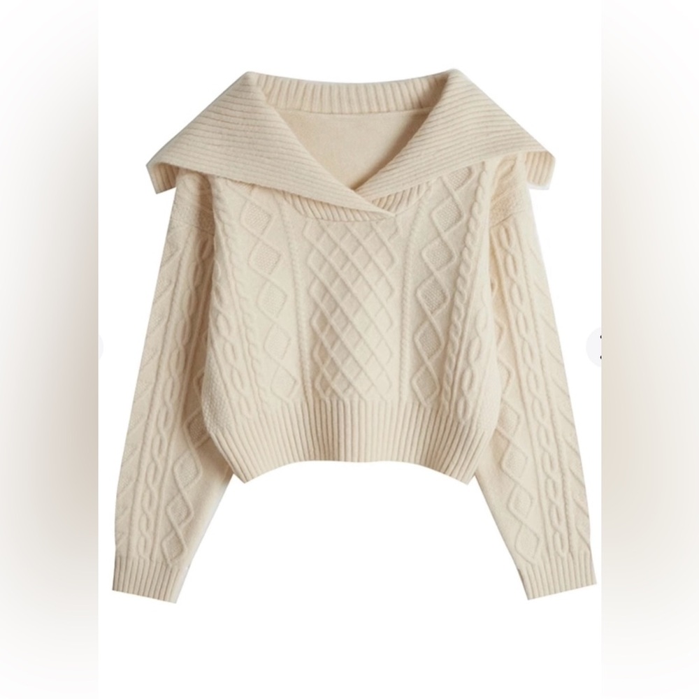 Elegant Cream Cable Knit Cowl Neck Sweater